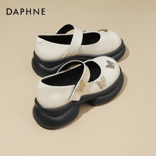 达芙妮Daphne白色玛丽珍女鞋2023春秋厚底真皮单鞋浅口小皮鞋