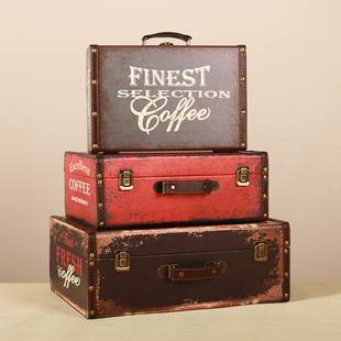 欧式复古手提箱储物木箱子收纳箱老式皮箱，旅行摄影道具桌面整理箱