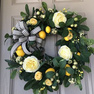 黄玫瑰(黄玫瑰)柠檬花环编织植物，花环欧美风格，道具摆件仿真树叶跨境独立站
