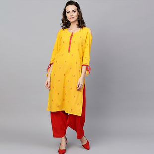 印度女装 民族风套装含上衣裤子 纯棉印花服饰中长款春夏黄色