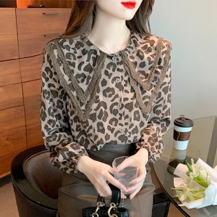 香港TIMO优雅时髦高级设计感双层娃娃领豹纹衬衫女ins潮春装上衣
