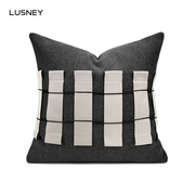 现代轻奢样板房抱枕沙发，客厅黑色棉麻皮革，连接靠垫套定制床头软包
