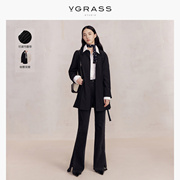 vgrass经典黑色英伦风衣，春气质中长款外套，绵羊毛