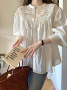 2023秋装风琴褶皱长袖白色，衬衫法式云甜高级感上衣女棉麻防晒衬衫