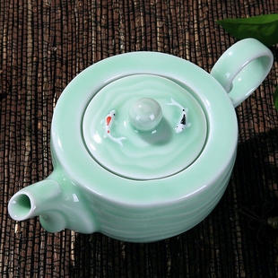 青瓷暗纹浮雕手彩双鲤鱼陶瓷功夫茶具 盖碗 茶壶水壶