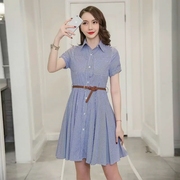 衬衣连衣裙夏装2024时尚很仙的七分袖蓝白条纹(白条纹)修身衬衫裙子女
