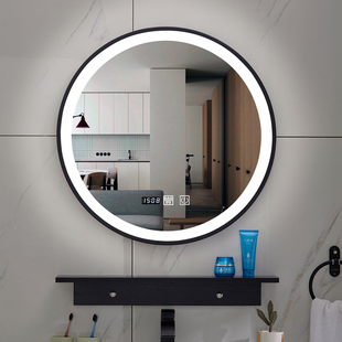 北欧铁艺框led发光灯镜洗手盆，壁挂圆镜卫浴智能，镜卫生间浴室镜子