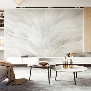 北欧3d电视背景墙壁纸简约客厅白色羽毛壁画2023卧室装饰墙布