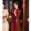 酒红色妈妈婚礼旗袍两件套高贵年轻喜婆婆婚宴装外套礼服秋冬长袖