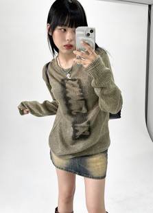 Unique SEI 韩版个性重影英文印花圆领宽松螺纹针织长袖T恤
