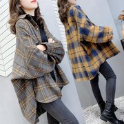 韩国格子衬衫女秋冬复古中长款拼色长袖，毛绒衬衣宽松加厚毛呢外套