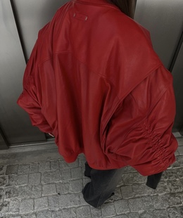小众设计师款红色皮夹克oversize美式棒球服宽松大码男女棉衣外套