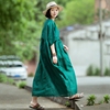 如初小素原创设计亚麻连衣裙，墨绿色圆领长款宽松文艺旅行袍子jj