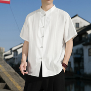 夏季中式男装棉麻中袖衬衫中国风半袖上衣唐装盘扣短袖衬衣