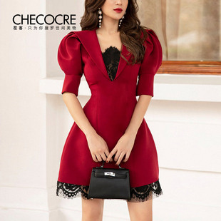 茬客优雅红色小礼服裙，平时可穿通勤性感蕾丝，拼接显瘦泡泡袖连衣裙