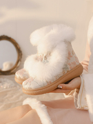 定制女童雪地靴加绒短靴2023冬季儿童保暖大棉靴真毛女孩汉服