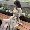 韩国chic夏季轻熟风翻领，单排扣环扣腰带，设计宽松衬衫连衣裙长裙女