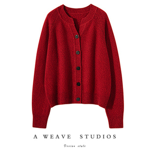 纯欲撩人ruby红~加厚羊绒，开衫女红色针织纯羊绒，毛衣外套宽松秋冬