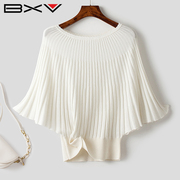 bxv蝙蝠袖针织衫女2024春秋时尚，设计感上衣女，白色套头法式潮