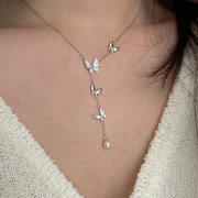 925纯银珍珠贝壳项链女简约小众设计精致蝴蝶镶钻流苏锁骨链N0545