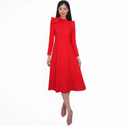 2023秋冬季气质红色蝴蝶结设计感立领修身显瘦长袖大摆连衣裙