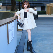 MIUCO米白色宽松版西装外套+高腰A字短裙两件套装女秋