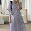 韩国chic复古温柔紫显白西装(白西装)领双排扣拼接宽松短袖百褶连衣裙长裙