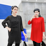 雪纺衫女中长款韩版显瘦七分袖圆领套头学生，2021年夏季休闲上衣潮