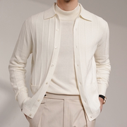 澜外高端春季意式polo针织衫开衫，白色毛衣外套男高级感休闲上衣