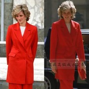 高端定制戴安娜王妃同款红色双排扣羊毛大衣西装外套半裙通勤套装