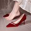 秀禾鞋婚鞋平时可穿中式新娘鞋绒面酒红色，高跟鞋女结婚细跟珍