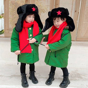 儿童军绿色大衣女，冬季加厚中长款男童外套，加绒棉衣东北军绿大棉袄