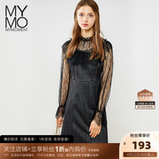 mymo朗黛秋季气质，蕾丝小黑裙长袖，收腰法式连衣裙m3l682i