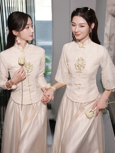 中式香槟色伴娘服旗袍姐妹团显瘦高级秀禾中国风复古