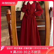 大码法式假两件红色衬衫连衣裙女秋冬设计感小众系带收腰显瘦长裙