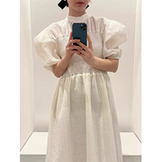 韩国chic夏季复古气质立领重工褶皱设计感收腰显瘦泡泡袖连衣裙女
