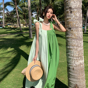 绿色吊带连衣裙波西米亚，海边度假沙滩裙女小众，复古裙子夏长裙
