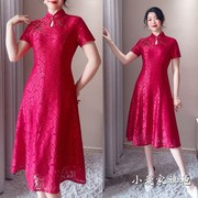 夏季高端红色蕾丝婚宴妈妈装旗袍连衣裙小个子喜婆婆中年礼服修身