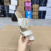 外贸原单方头粗跟凉鞋简约时尚新款一字扣拖鞋增高日常休闲一字拖