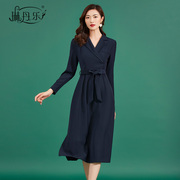 琳丹乐西装领连衣裙 深蓝色简约OL气质韩版 40岁中年纯色通勤系带