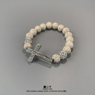 玛丽苏镶钻(苏镶钻)十字架串珠，手链小众设计松石，弹性手环桃心珍珠手表手镯