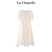 拉夏贝尔/La Chapelle糖果色小排扣高腰V领短袖连衣裙女夏装