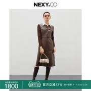nexy.co奈蔻2023年秋季小众设计感长袖中长款拼接皮连衣裙女