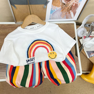 男童夏季套装婴儿童装韩版时尚，彩虹短袖七分裤两件套宝宝洋气衣服
