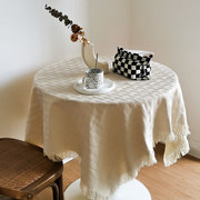 日本法式ins风复古桌布米色蕾丝针织轻奢书桌台布圆桌布茶几餐桌