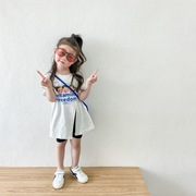 女童中长款开叉t恤2023夏季韩系女孩，个性印花不规则短袖上衣