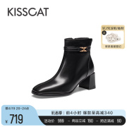 kisscat接吻猫2023年冬季时尚瘦瘦靴，真皮高跟靴加绒时装靴女