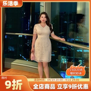 glec大码女装夏装2024高端时尚气质，女神范白色(范白色，)v领蕾丝连衣裙