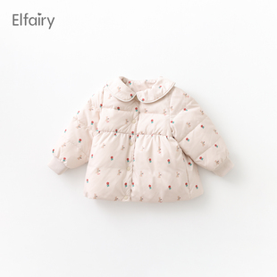 elfairy女童娃娃领羽绒服冬季轻薄款小碎花棉衣，儿童冬装宝宝棉服