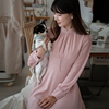 新中式连衣裙小个子，显高2024春夏雪纺粉色，纯美立领半高领150